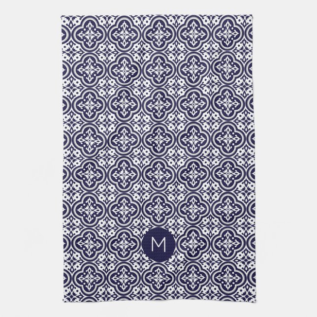 Custom Monogram Portugese Tiles Pattern Tea Towel (Vertical)