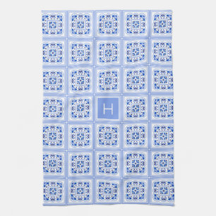 Custom Monogram Portugese Tiles Pattern Tea Towel