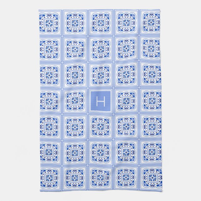 Custom Monogram Portugese Tiles Pattern Tea Towel (Vertical)