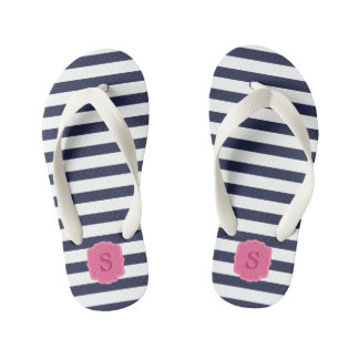 Custom Monogram Pretty Navy Blue Stripes Kid's Flip Flops