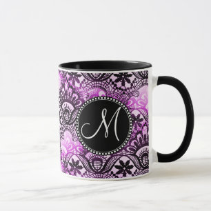 Custom Monogram Purple Lace Damask Pattern Mug