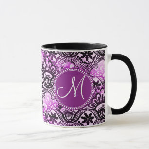 Custom Monogram Purple Lace Damask Pattern Mug