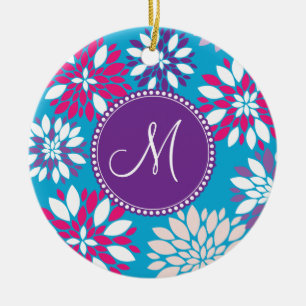 Custom Monogram Purple Pink White Flower on Blue Ceramic Tree Decoration