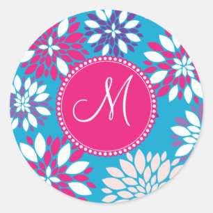 Custom Monogram Purple Pink White Flower on Blue Classic Round Sticker