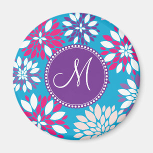 Custom Monogram Purple Pink White Flower on Blue Magnet