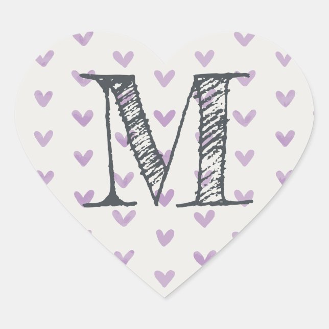 Custom Monogram Purple Watercolor Hearts Heart Sticker (Front)