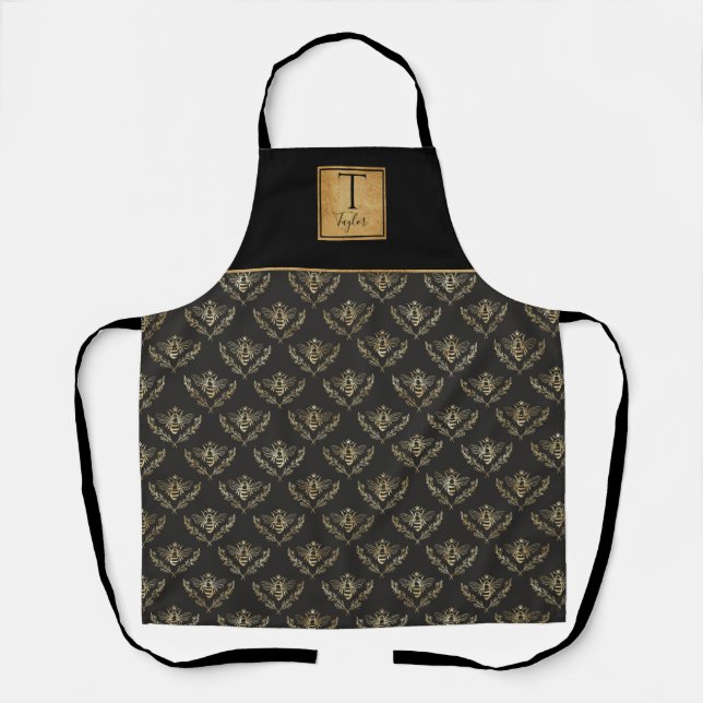 Custom Monogram, Queen Bee, Black and Gold Apron (Front)