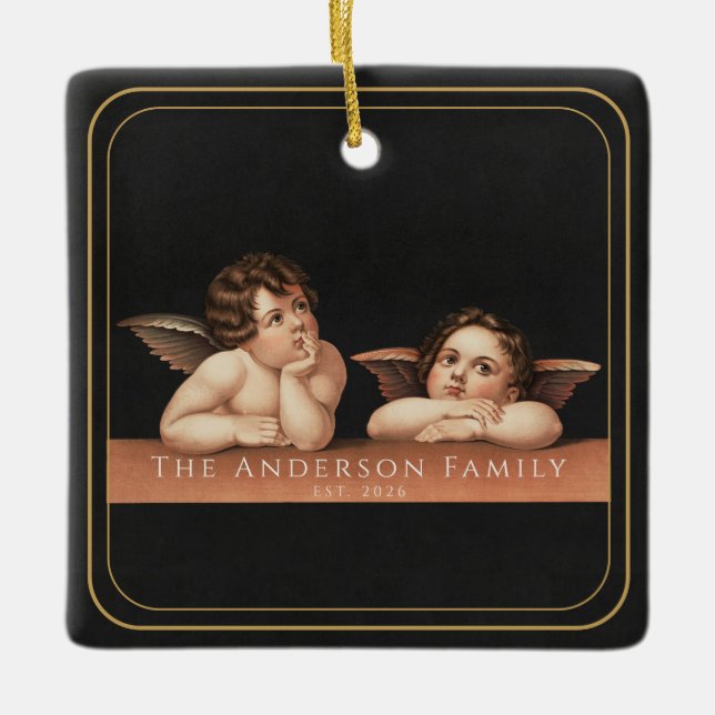 Custom Monogram Raphael Cherub Gold Border Ceramic Ornament (Front)