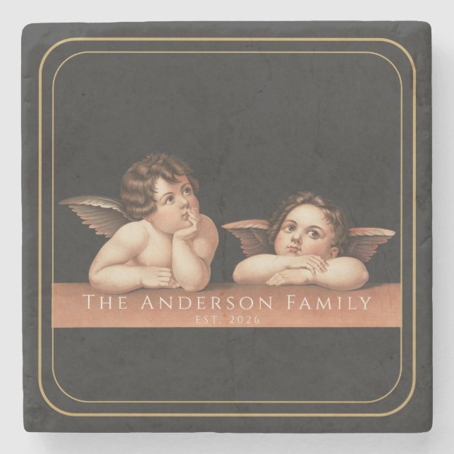 Custom Monogram Raphael Cherub Gold Border Stone Coaster (Front)