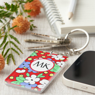 Custom monogram red and white flowers key ring