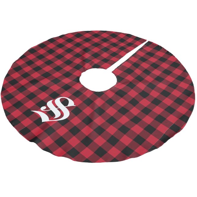Custom Monogram Red Black Buffalo Plaid Brushed Polyester Tree Skirt (Angled)