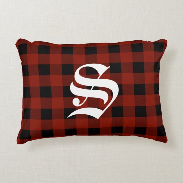 Custom Monogram Red Buffalo Check Lumberjack Plaid Decorative Cushion (Front)