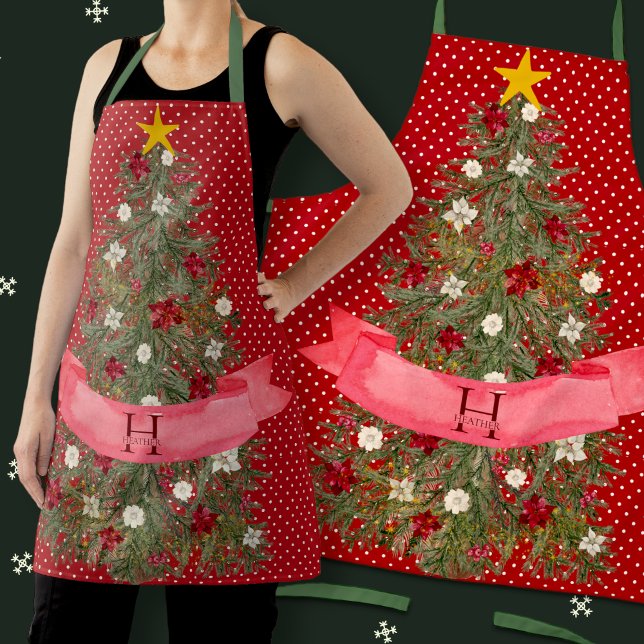 Custom Monogram Red Dots Watercolor Christmas Tree Apron (Creator Uploaded)
