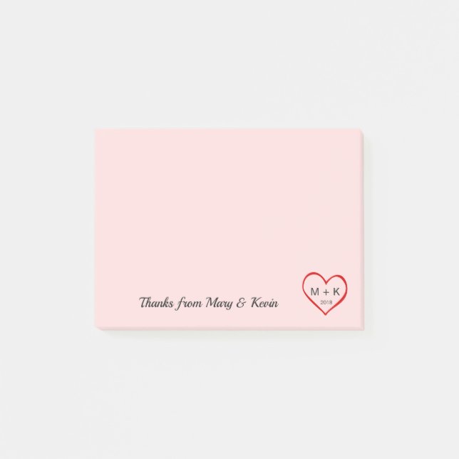 Custom Monogram Red Heart Pink Wedding Couple Post-it Notes (Front)