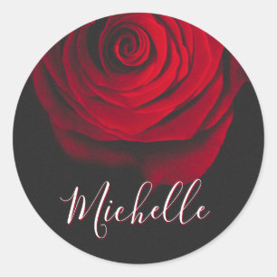 Custom monogram red rose vintage photograph black classic round sticker
