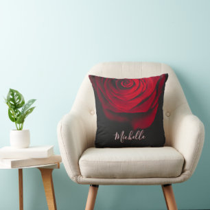 Custom monogram red rose vintage photograph black cushion