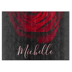 Custom monogram red rose vintage photograph black cutting board