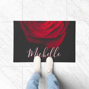 Custom monogram red rose vintage photograph black doormat