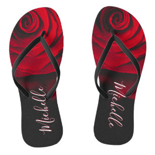 Custom monogram red rose vintage photograph black flip flops