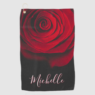 Custom monogram red rose vintage photograph black golf towel