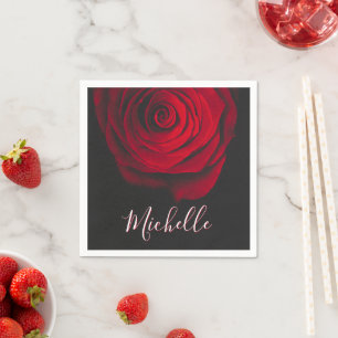Custom monogram red rose vintage photograph black napkin