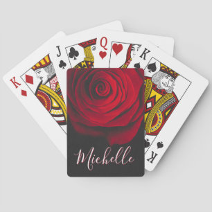 Custom monogram red rose vintage photograph black playing cards