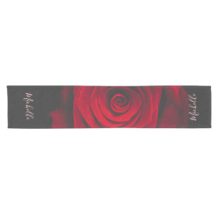 Custom monogram red rose vintage photograph black short table runner