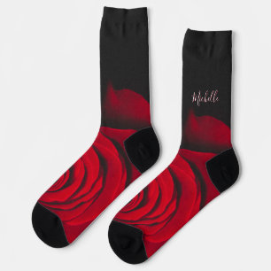 Custom monogram red rose vintage photograph black socks