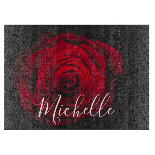 Custom monogram red rose vintage photograph cutting board (Front)