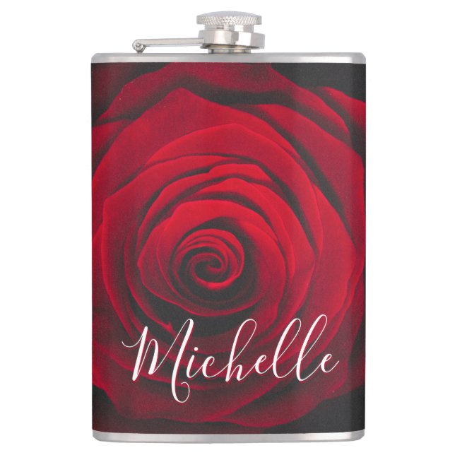 Custom monogram red rose vintage photograph hip flask (Front)