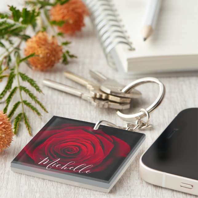 Custom monogram red rose vintage photograph key ring (Front Right)