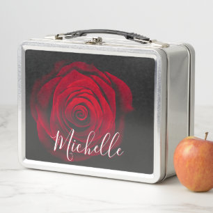 Custom monogram red rose vintage photograph metal lunch box