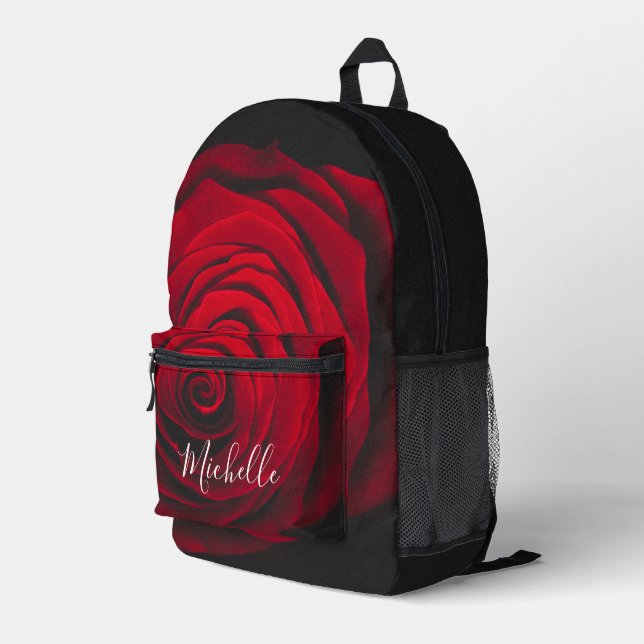 Custom monogram red rose vintage photograph printed backpack (Back Corner Right)