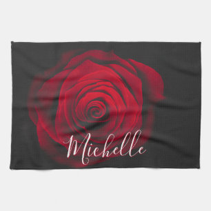 Custom monogram red rose vintage photograph tea towel
