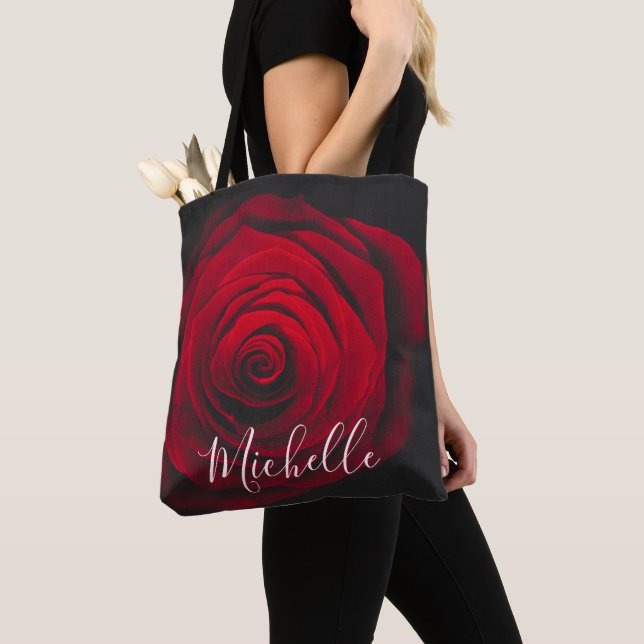 Custom monogram red rose vintage photograph tote bag (Close Up)