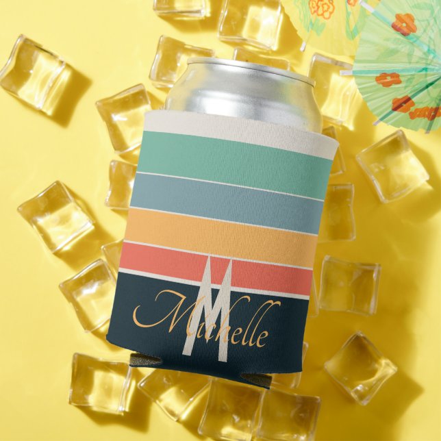 Custom Monogram Retro 70s Navy Blue & Pink Striped Can Cooler (In Situ Summer)