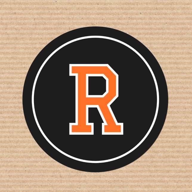 Custom Monogram Retro Bold Navy Orange Black Classic Round Sticker (Creator Uploaded)