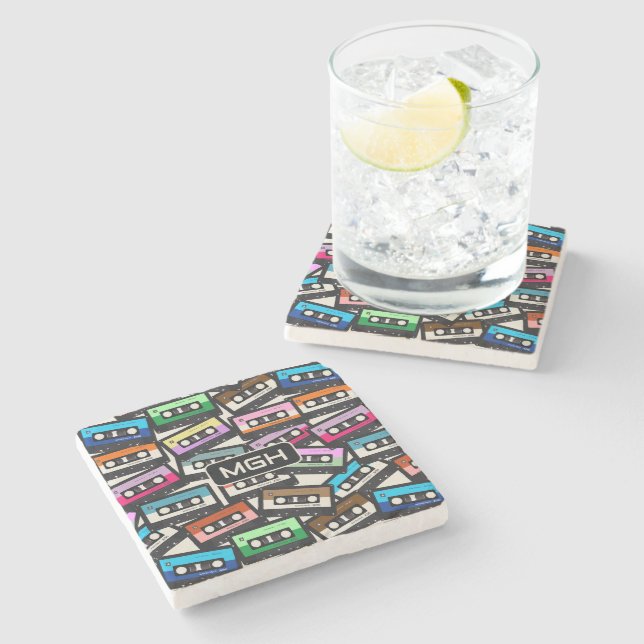 Custom Monogram Retro Casette Tapes Stone Coaster (Side)