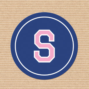 Custom Monogram Retro Typography Navy Pink Classic Round Sticker