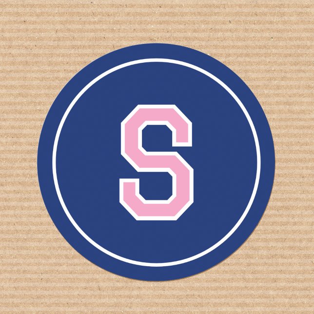 Custom Monogram Retro Typography Navy Pink Classic Round Sticker (Creator Uploaded)