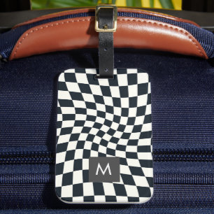 Custom Monogram Retro Warped Black White Checks   Luggage Tag