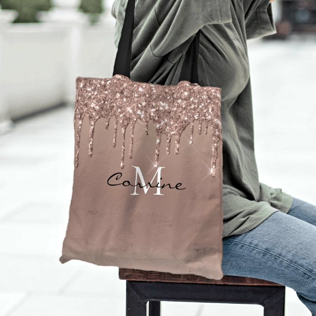 Custom Monogram Rose Gold Drip Glitter Metallic Tote Bag (Creator Uploaded)