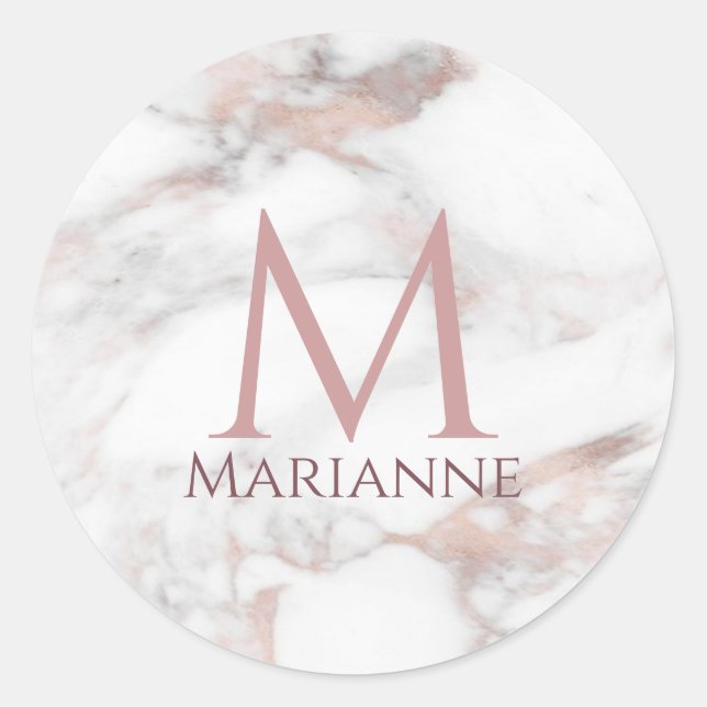 Custom Monogram Rose Gold Marble Modern Elegant Classic Round Sticker (Front)