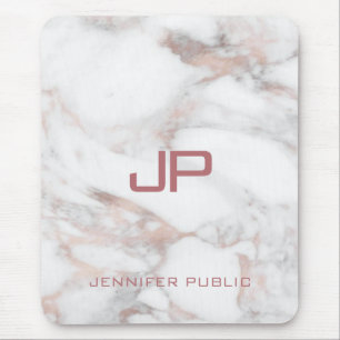 Custom Monogram Rose Gold White Marble Mouse Mat