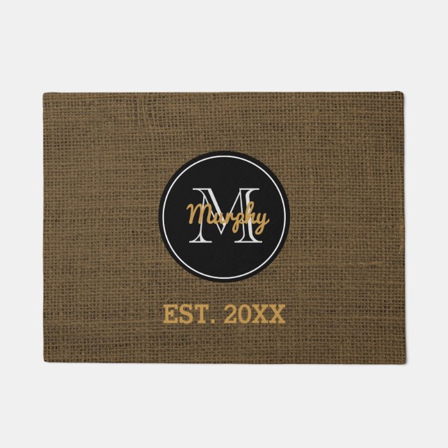 Custom Monogram | Rustic Burlap Family Name Year Doormat (Front)