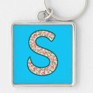 Custom Monogram S Keychain, Ditsy Floral Pattern Key Ring