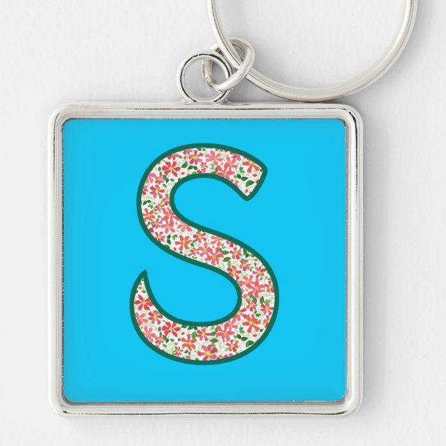 Custom Monogram S Keychain, Ditsy Floral Pattern Key Ring (Front)