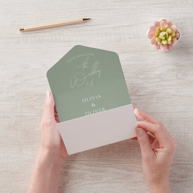 Custom monogram sage green calligraphy wedding all in one invitation (Video)
