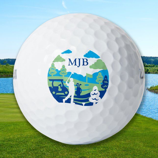 Custom Monogram Scenic Course Retro Modern Golfer Golf Balls (Creator Uploaded)
