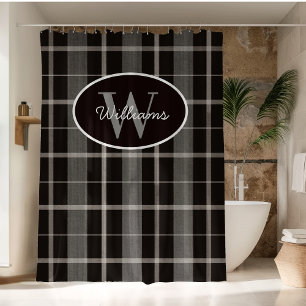 Custom Monogram Shower Curtain Plaid Gray Black 
